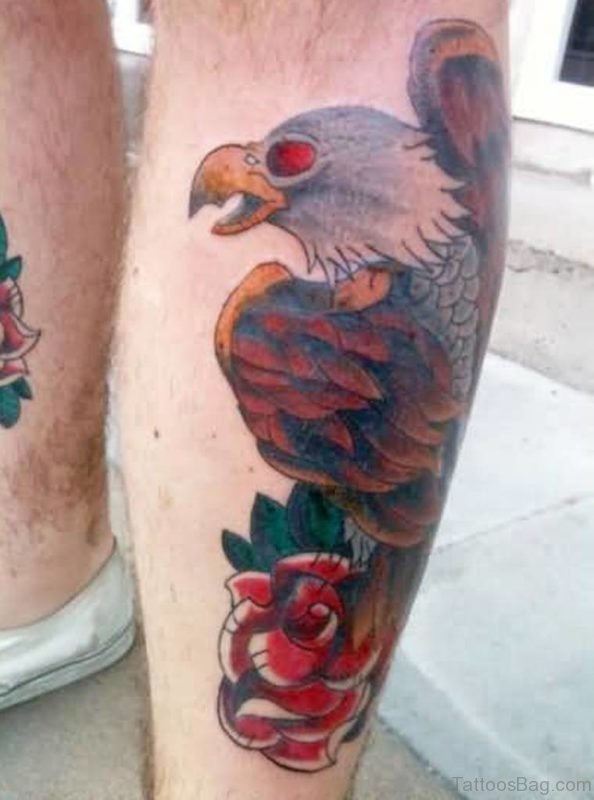 American Eagle Tattoo On Leg With Red Eye