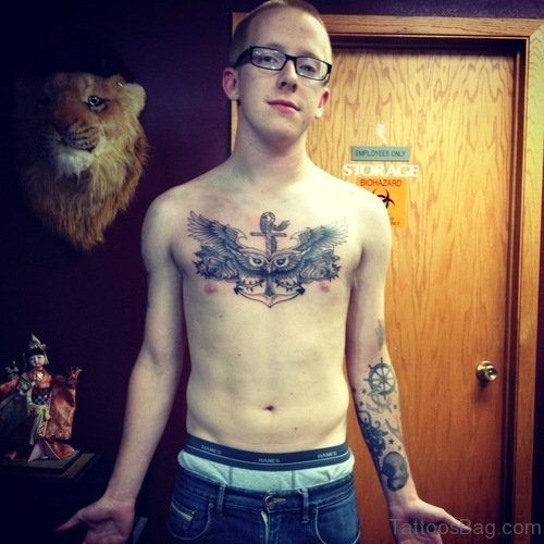Anchor And Bird Chest Tattoo