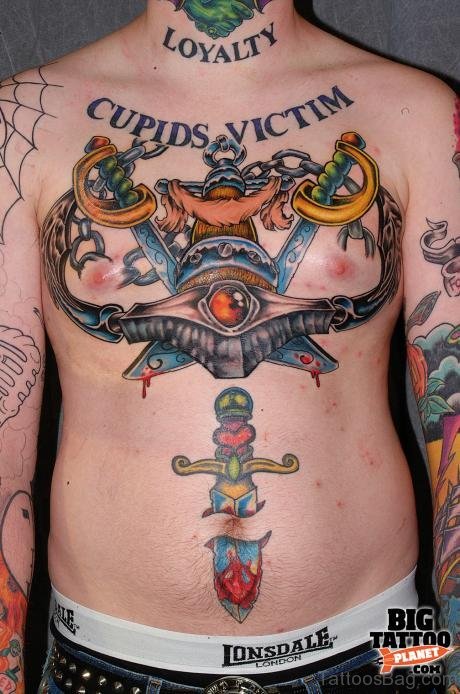 Anchor And Dagger Color Ink Tattoo On Chest