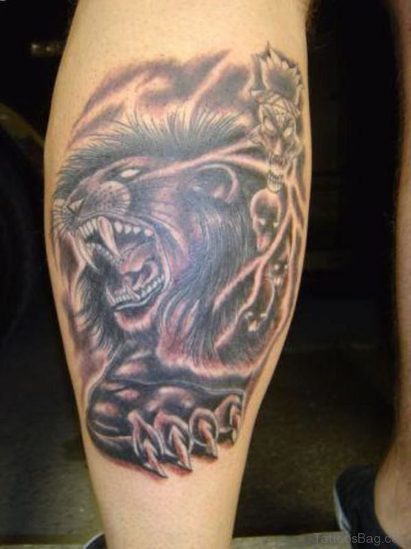 Angry Lion Tattoo Design On Leg