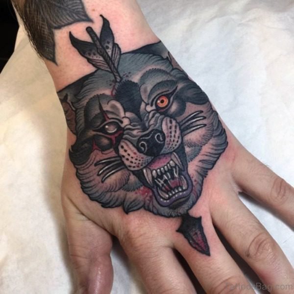 Angry Wolf And Arrow Design On Hand