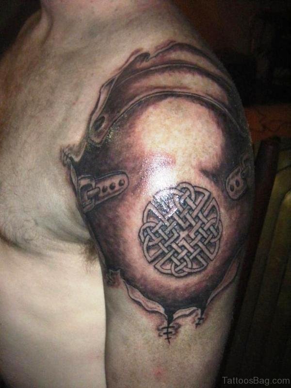 Armour Tattoo On Left Shoulder
