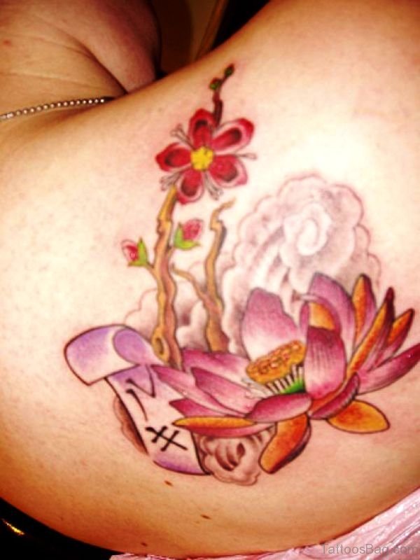 Asian Banner Blossom Branch And Lotus Tattoo