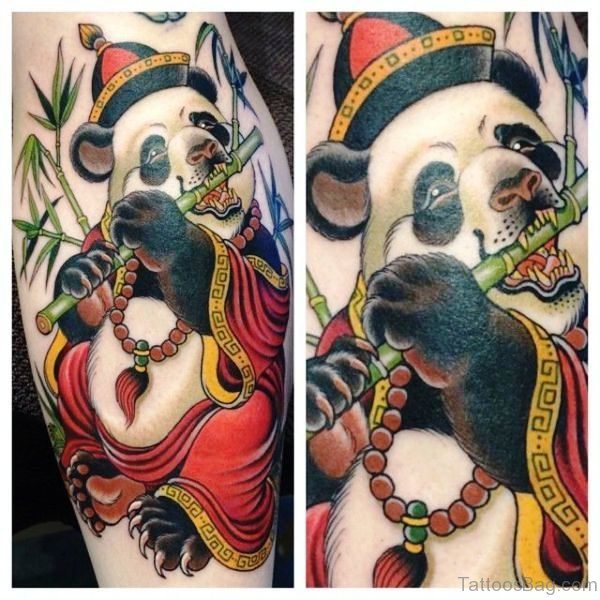 Asian Panda Eating Bamboos Tattoo On Shoulder