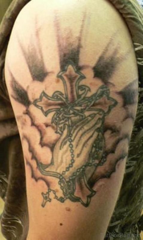 Attarctive Cross And Praying Hands Tattoo
