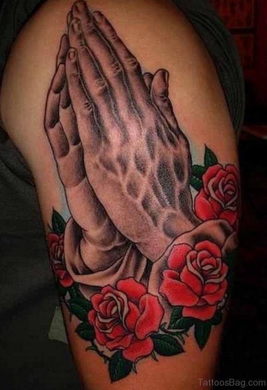 Attarctive Rose And Praying Hands Tattoo