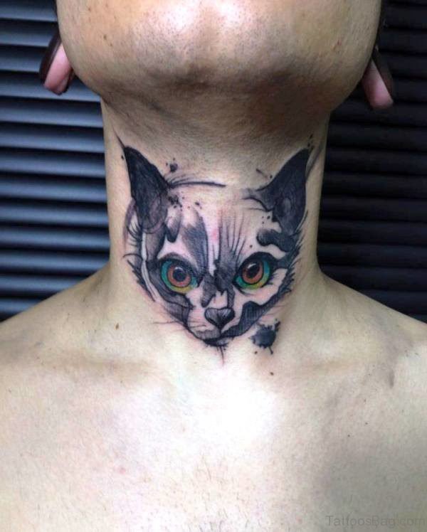 Attractive Cat Tattoo On Neck