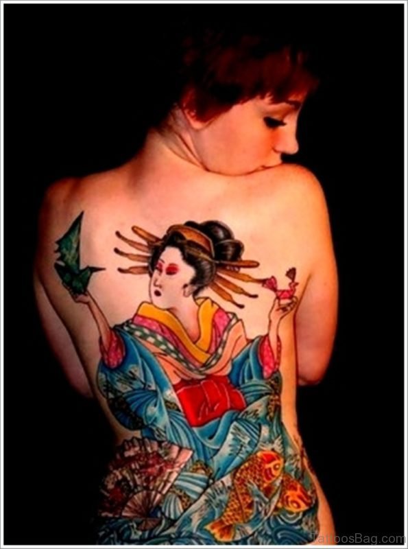 Attractive Geisha Tattoo On Back Body