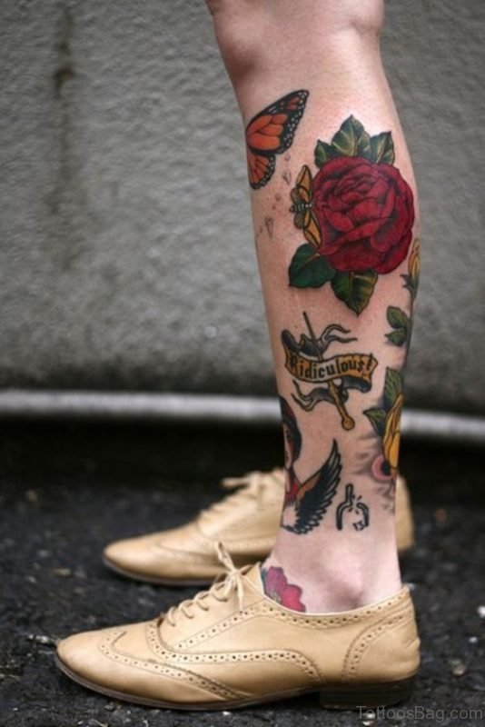 Attractive Rose Tattoo On Leg