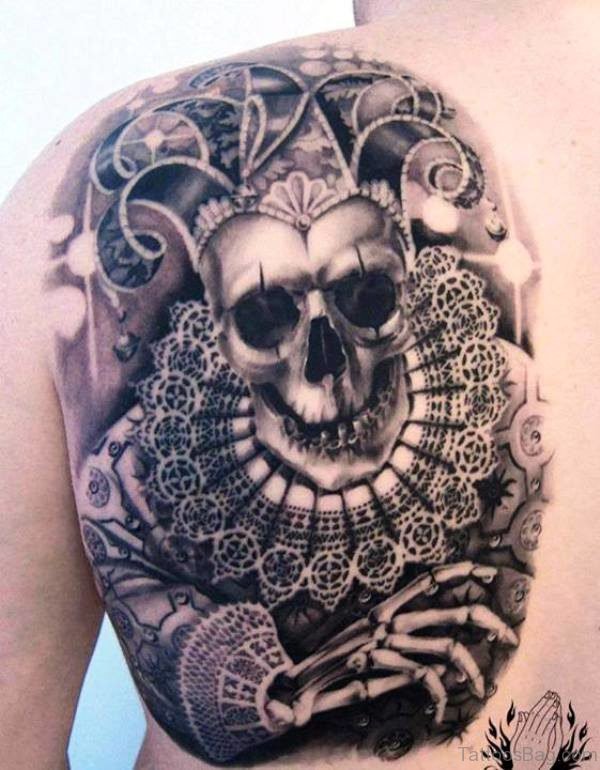 Awesome Aztec Skull Tattoo On Shoulder Back