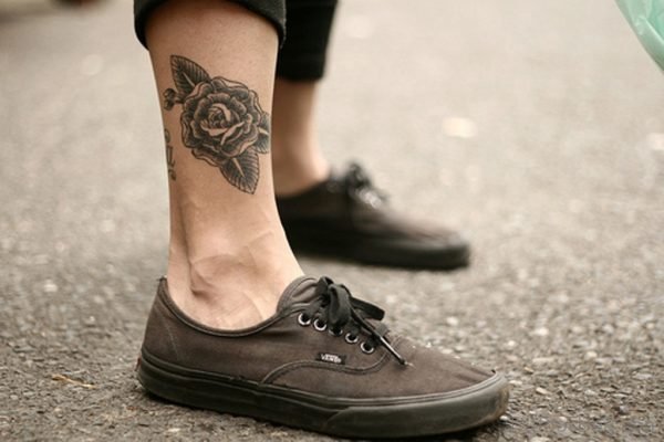 Awesome Black Ink Rose Tattoo On Ankle