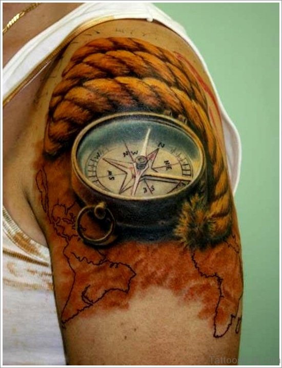 Awesome Compass Tattoo Design On Shoulder