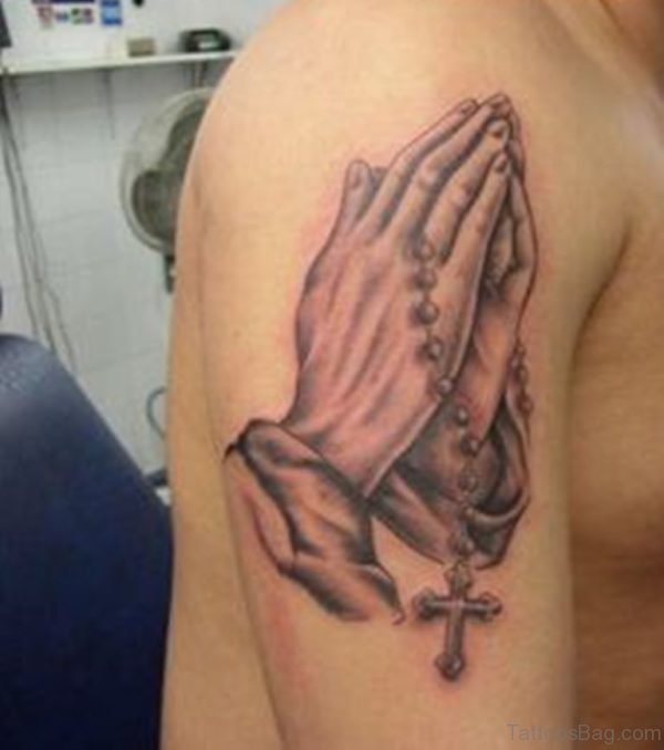Awesome Praying Hands Tattoo On Shoulder