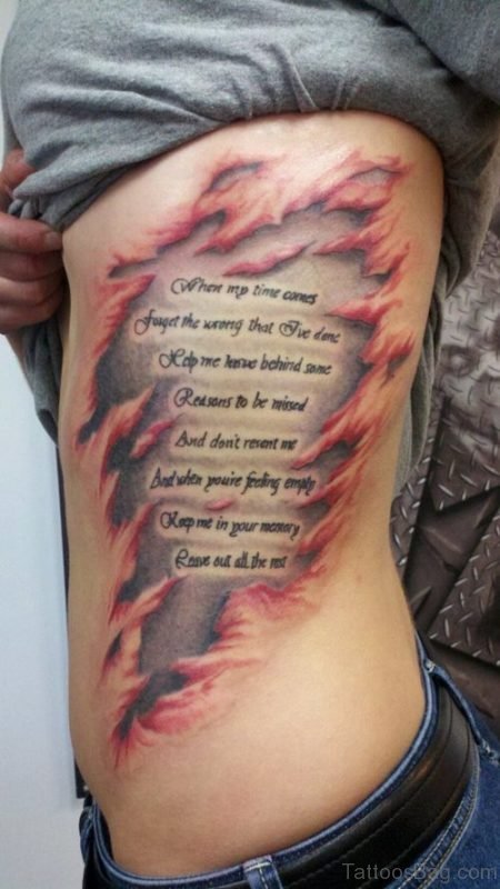 Awesome Wording Torn Ripped Skin Tattoos On Side Rib