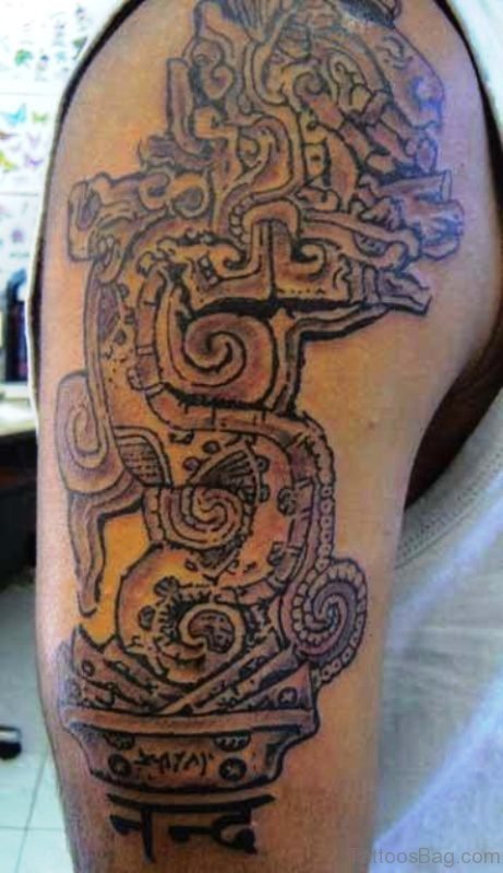 Aztec Tattoo On Right Shoulder