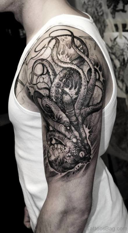 Black Kraken Tattoo On Left Shoulder