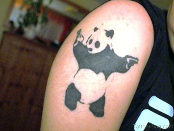 Banksy Panda With Guns Tattoo On Shoulder
