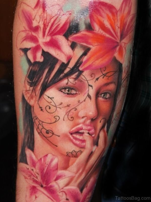 Beautiful Flower And Girl Portrait Tattoo