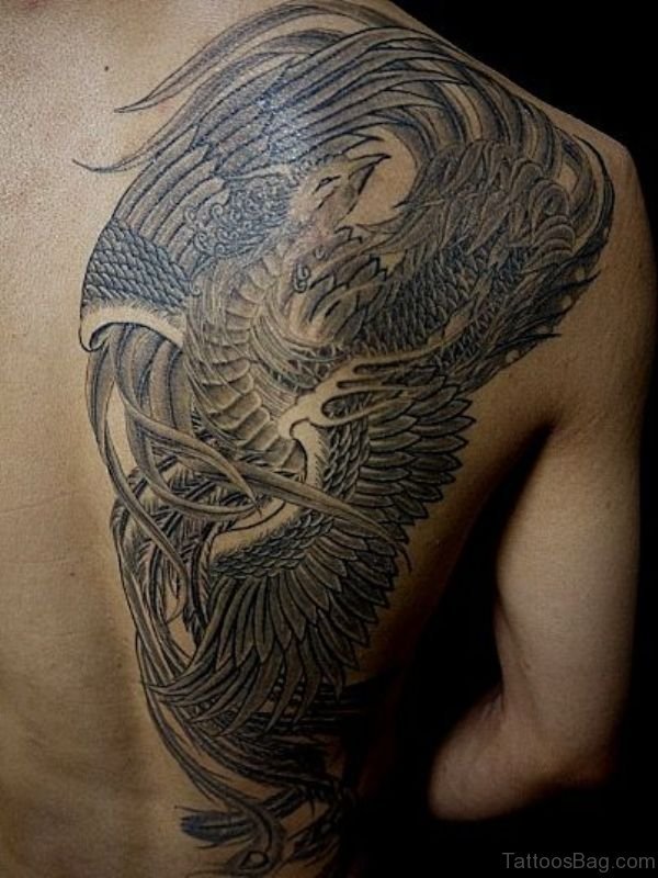 Beautiful Black Phoenix Tattoo On Shouder Back
