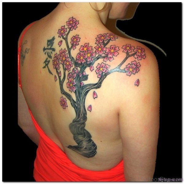 Beautiful Cherry Blossom Tree Tattoo Design On Upper Back Shoulder