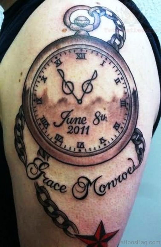 Beautiful Clock Shoulder Tattoo Design