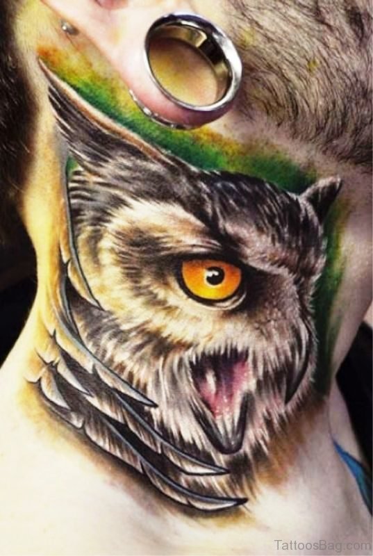 Beautiful Owl Tattoo On Neck