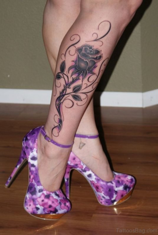 Beautiful Rose Tattoo On Leg