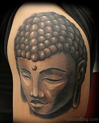 Best Mahatma Buddha Face Tattoo On Shoulder