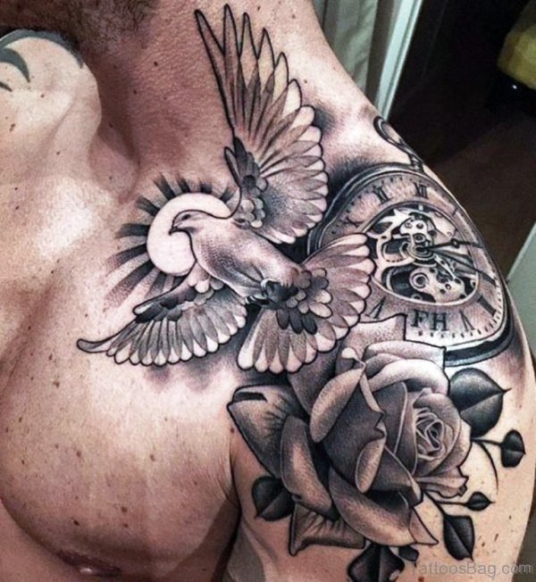 Bird And Clock Tattoo On Shoulder