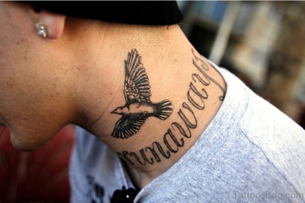 Bird Lettering Tattoo On Neck