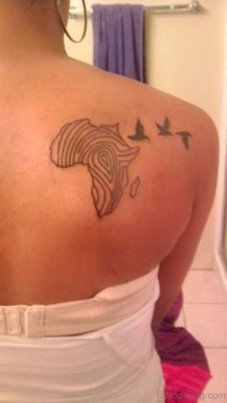 Birds And Black Ink African Map Tattoo On Back