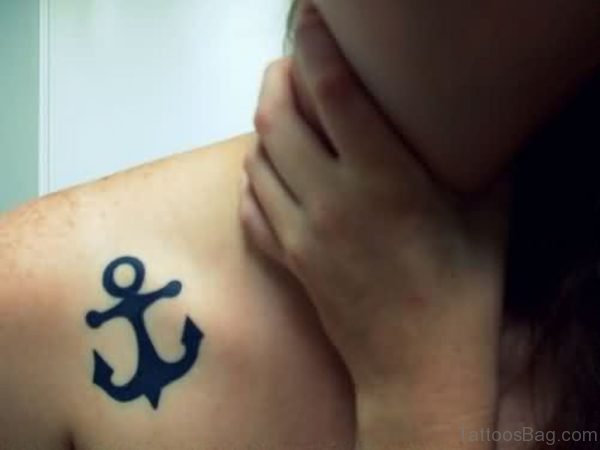 Black Anchor Tattoo On Front Shoulder