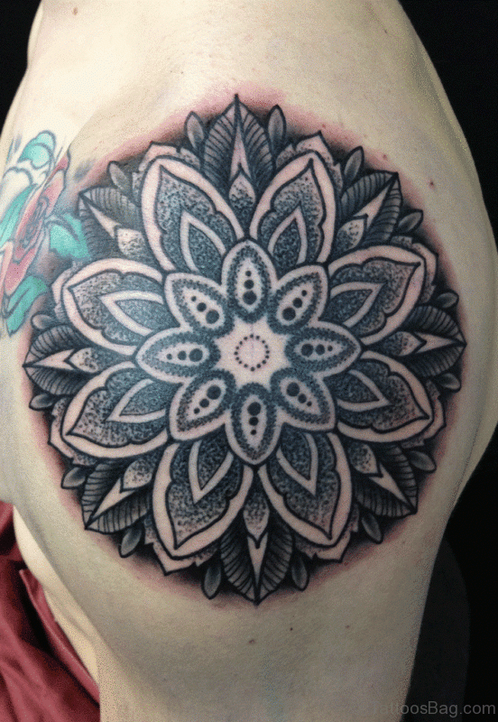 Black And Grey Designer Tattoo On Left Shoulder