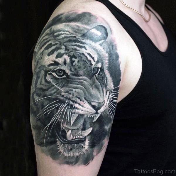 Black And Grey Ink Tiger Tattoo 