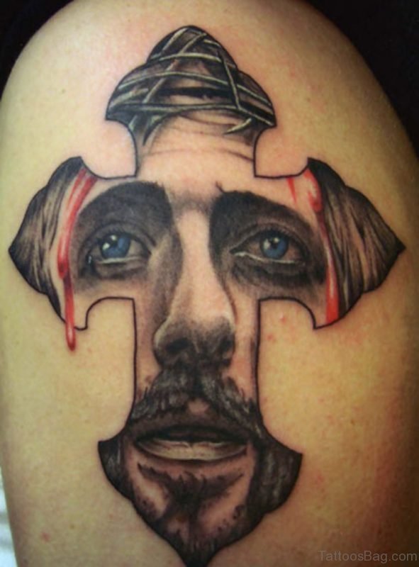 Black And Grey Jesus Face In Cross Tattoo On Shoulder