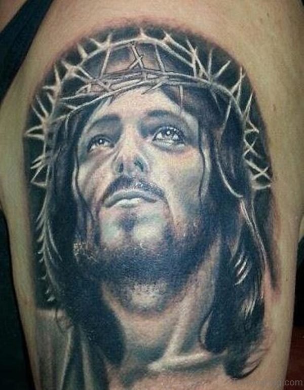 Black And Grey Jesus Tattoo On Left Shoulder