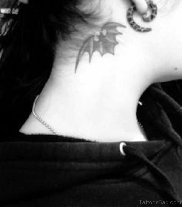 Black And White Bat Neck Tattoo