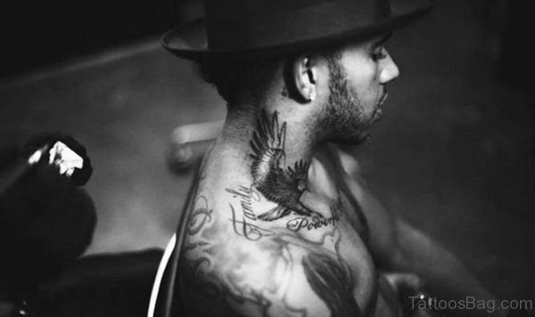 Black And White Eagle Tattoo On Neck