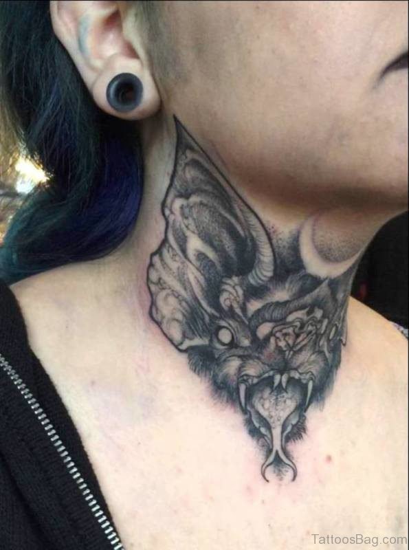 Black Bat Tattoo On Neck