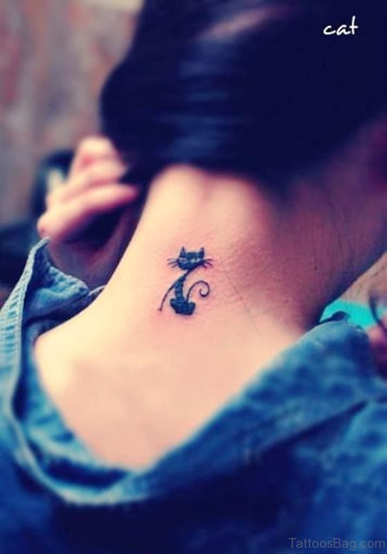 Black Cat Tattoo On Neck