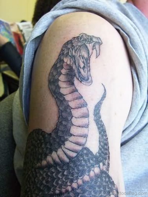 Black Cobra Snake Tattoo On Shoulder