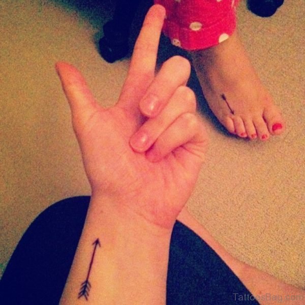 Black Colored Arrow Tattoo On Wrist For Girls