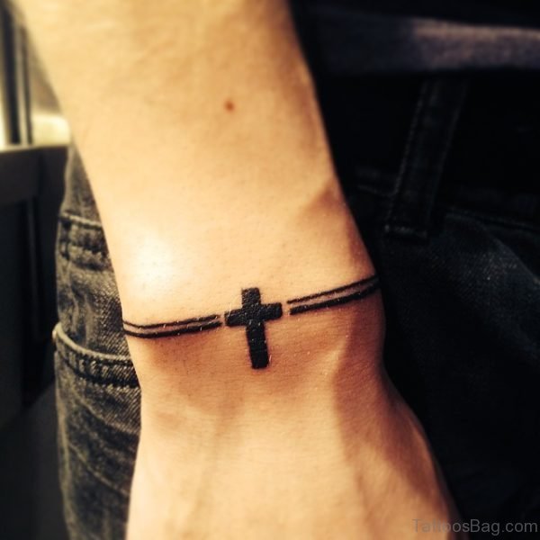 Black Cross Band Tattoo On Wrist
