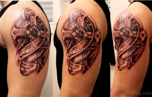 Black Cross Shoulder Tattoo