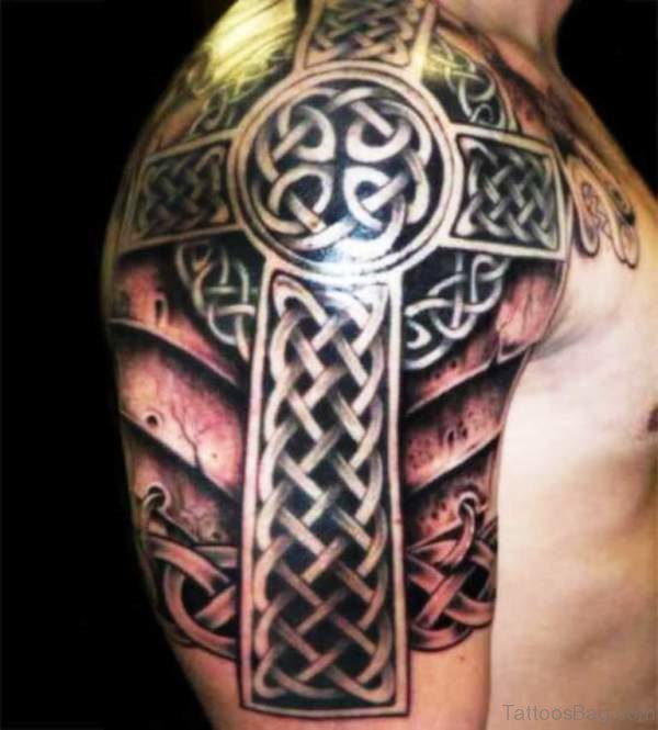 Black Cross Tattoo On Right Shoulder
