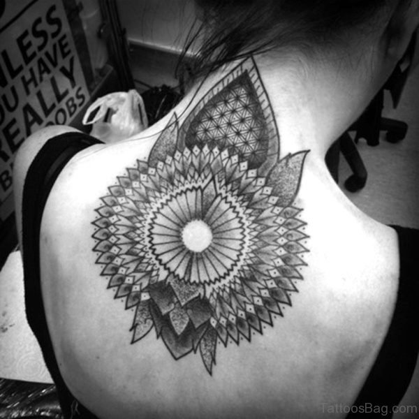 Black Designer Lotus Tattoo On Back Neck