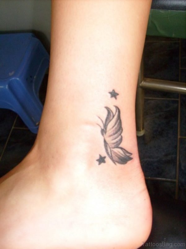 Black Ink Butterfly With Stars Tattoo On Ankle
