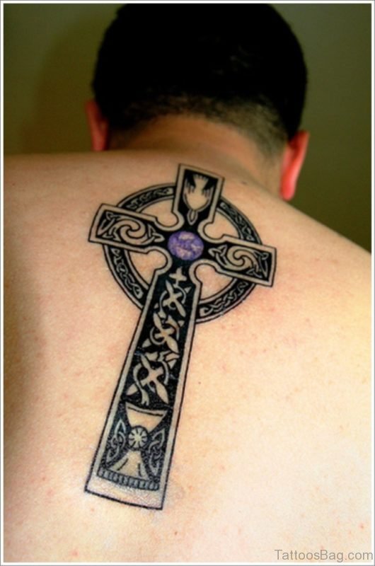 Black Ink Celtic Cross Tattoo On Back