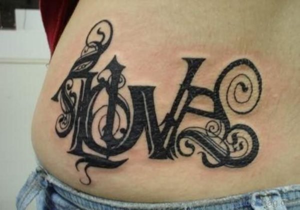 Black Ink Love Word Heart Tattoo On Side Rib