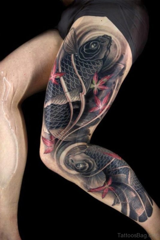 Black Koi fish tattoo on leg